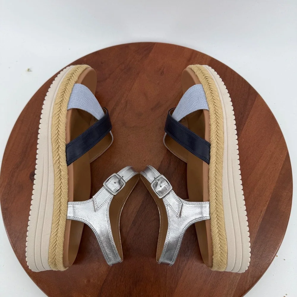 Vionic Mar Navy‎ Multi Leather Platform Espadrille Orthotic Sandals Womens 11M